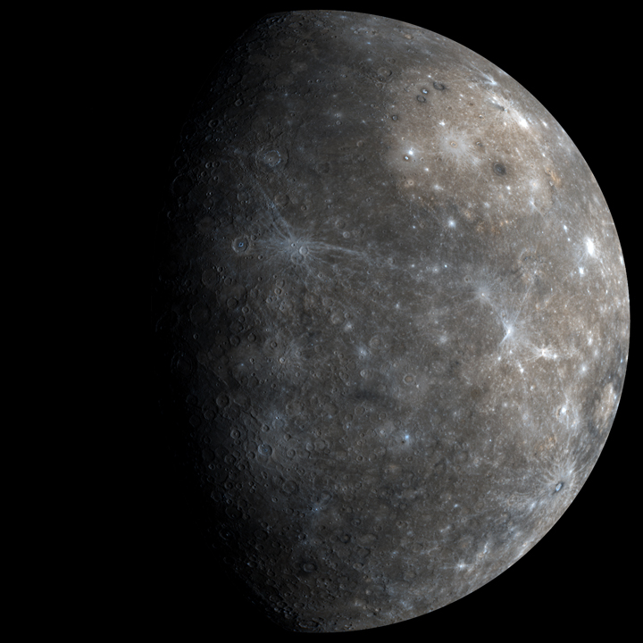 This high-resolution mosaic shows Mercury as MESSENGER left the planet following its first flyby.