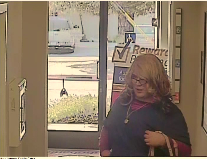 The Santa Cruz police department released this photo of the "Mrs. Doubtfire" bank robber Tuesday.