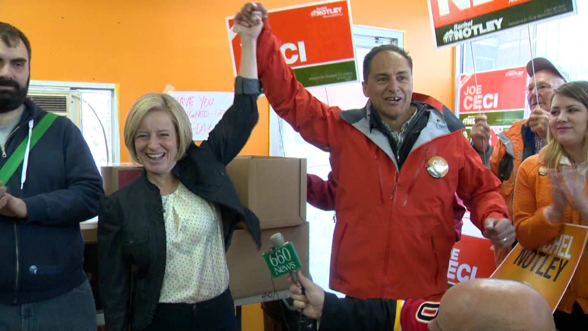 NDP leader Rachel Notley in the Calgary-Fort riding Saturday, with former Councillor Joe Ceci, the area NDP candidate.