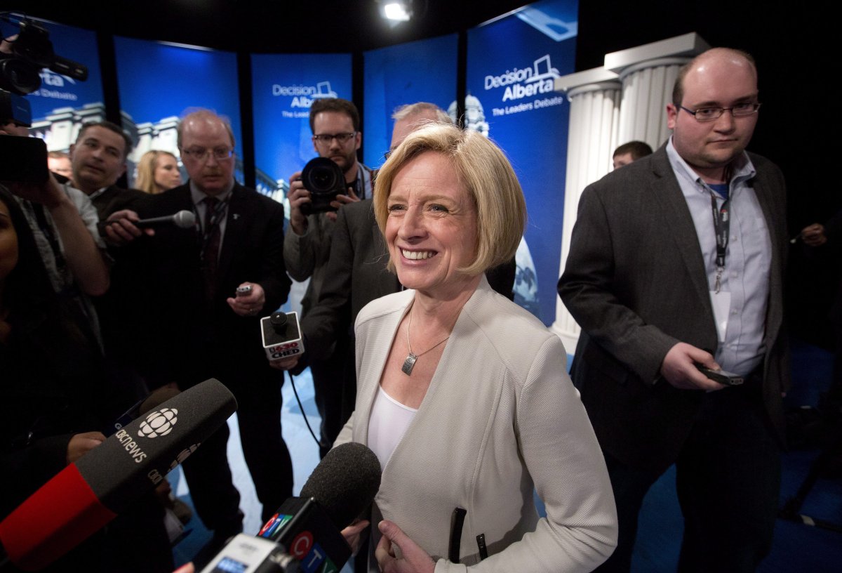 NDP leader Rachel Notley speaks to media after the leaders debate in Edmonton on Thursday April 23, 2015.