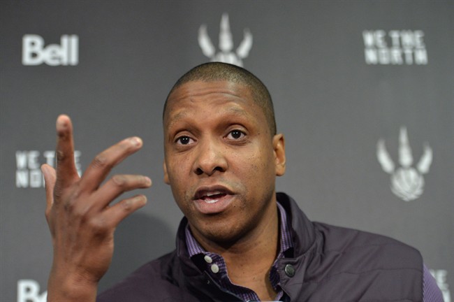 Toronto Raptors president and general manager Masai Ujiri holds a media availability in Toronto, Thursday, April 16, 2015.