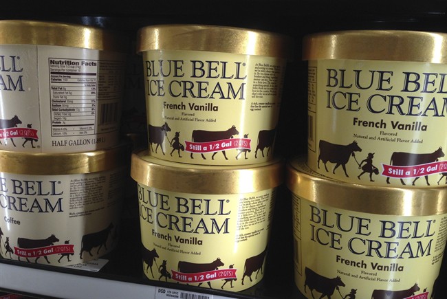 Blue Bell ice cream rests on a grocery store in April. Tainted ice cream killed three earlier this year.