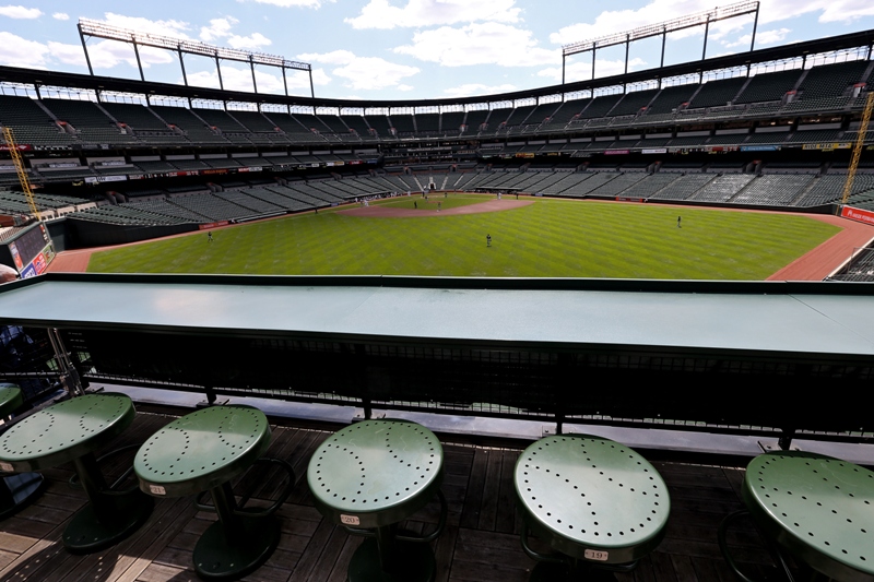 The Baltimore Orioles play the Chicago White Sox in the first inning at an empty Oriole Park at Camden Yards on April 29, 2015 in Baltimore, Maryland.