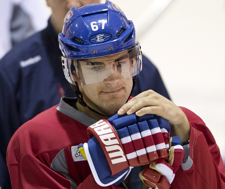 Montreal Canadiens' Max Pacioretty watches during the team's practice Tuesday, April 14, 2015, in Brossard, Que.
