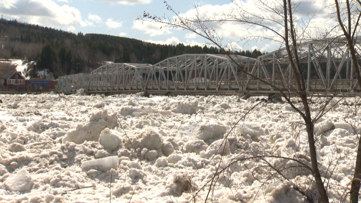 An ice jam sits in the St. John River, against Perth-Andover's bridge. 