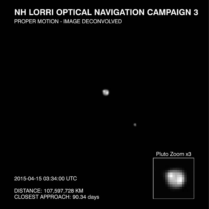This image of Pluto and it largest moon, Charon, was taken by the Long Range Reconnaissance Imager (LORRI) on NASA’s New Horizons spacecraft on April 15, 2015. 
