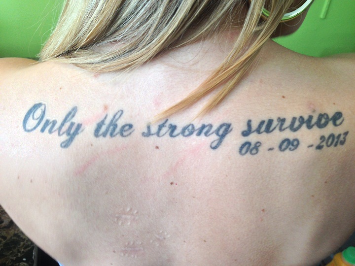 Tara Cosgrove-Pompetti shows off her ink. Montreal, April 9, 2015.