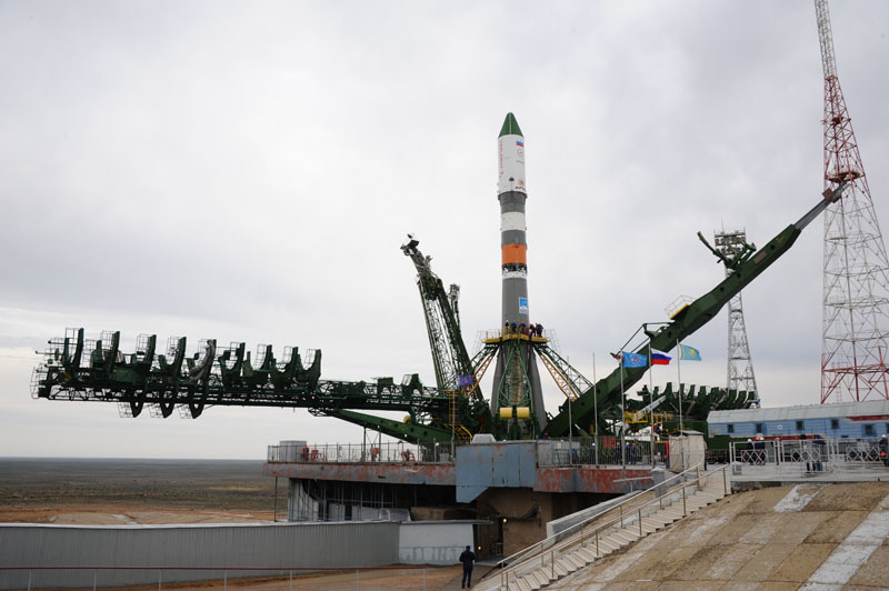 The ISS Progress 59 cargo ship is seen here on the launch pad in Baikonur, Kazakhstan.