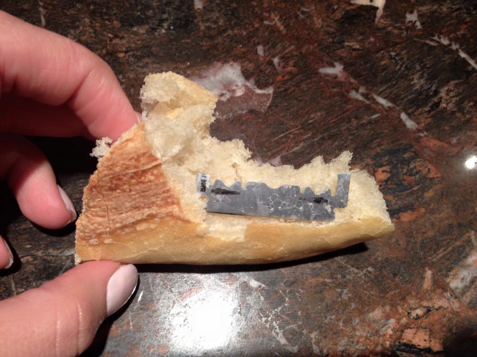 Glimpse of a razor blade allegedly found in store bought baguette in Pointe-Claire, Quebec.
