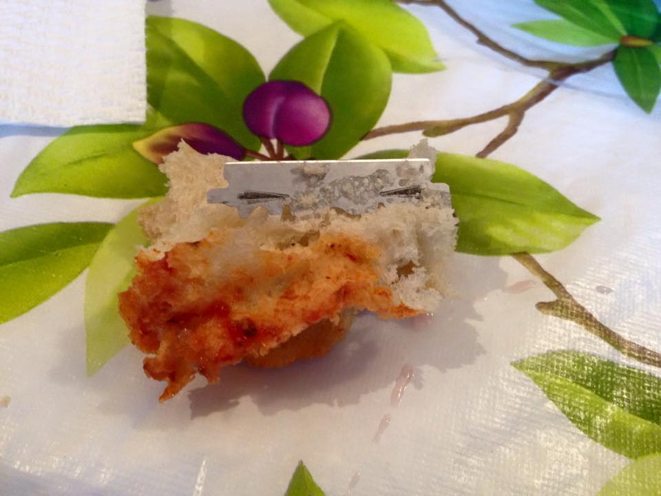 Glimpse of a razor blade allegedly found in store bought baguette in Pointe-Claire, Quebec.