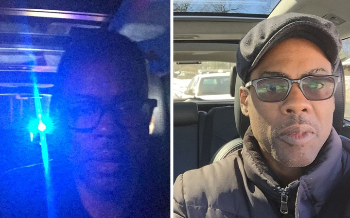 Chris Rock, pictured in two of the selfies he posted on Instagram.