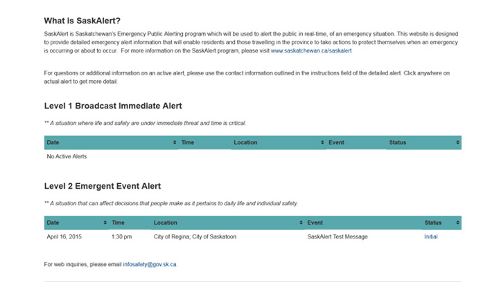 SaskAlert, a Saskatchewan-wide alert notification system, launches after testing completed.