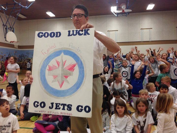 Around 500 students decked out in white packed the gymnasium for a pep rally of sorts to cheer on the Jets ahead of the first NHL playoff game in Winnipeg since 1996. 
