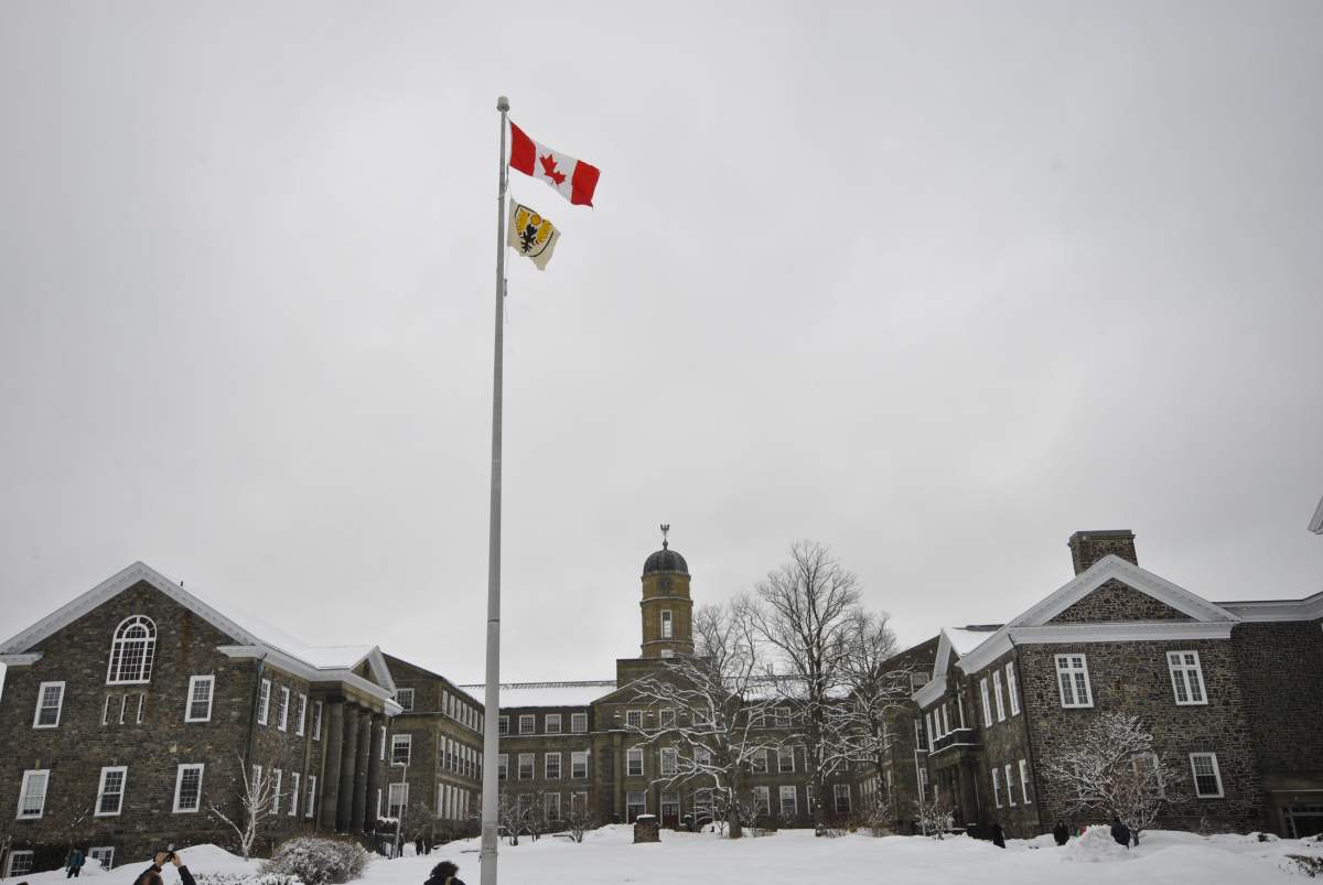 Divest Dalhousie raised this "Shellhousie" flag on campus Tuesday, April 7, 2015.