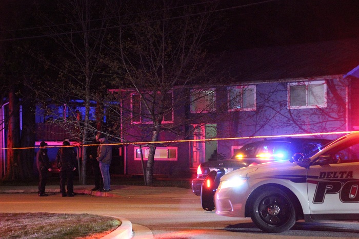 Police at the site of the second shooting in Delta on Sunday, April 5. 