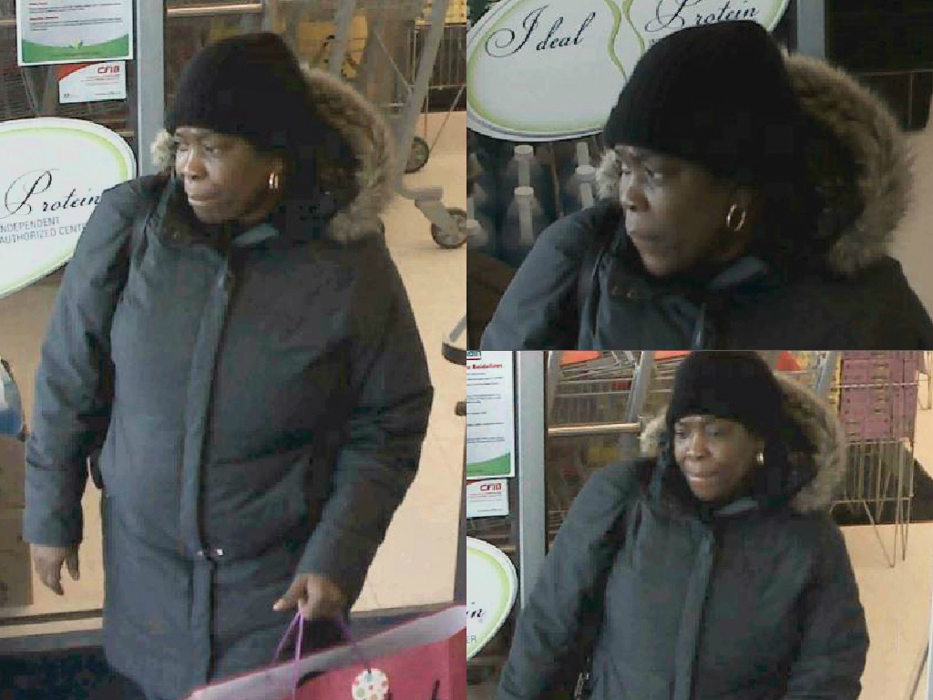 The suspect is described as a black woman in her fifties. At the time of both thefts she was wearing a dark jacket with fur around the hood and a black toque. 