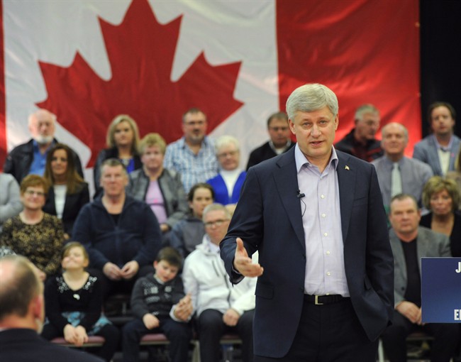 Prime Minister Stephen Harper speaks at an event in Miramichi, N.B., on Thursday, April 2, 2015.