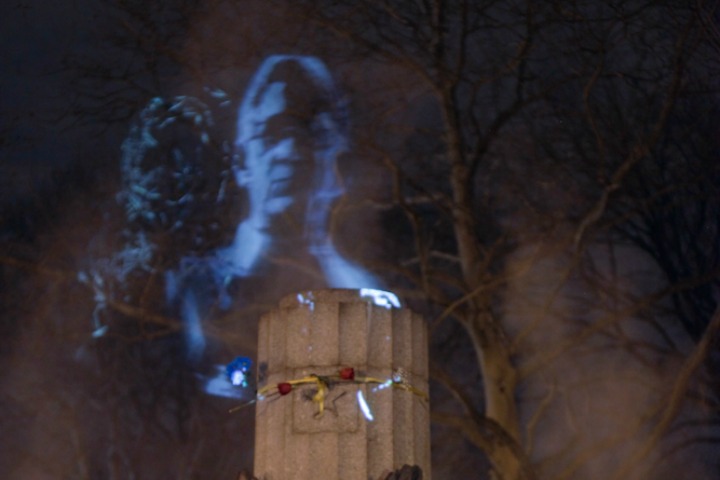 After a statue of Edward Snowden was removed from a Brooklyn park, an artist collective re-created the statue using light.