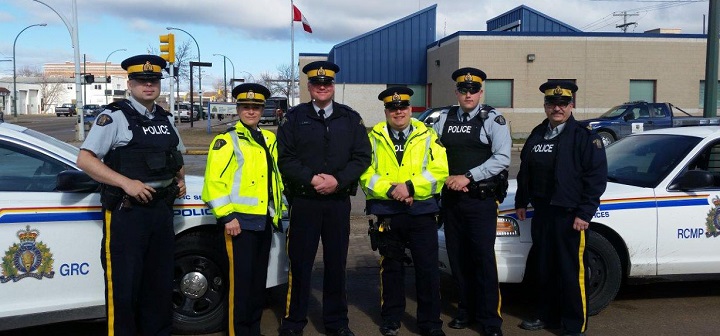 RCMP officers Cpl. Mark Hume, Insp. Joanne Keeping, Cpl. Colin Stark, Cst. Eric St-Pierre, Cst. Doug Morrow, Sgt. Eugene Yewchuk at the launch of  The Pas Traffic Services.