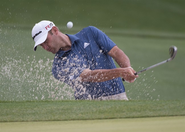 Shawn Stefani hits out of a bunker on the second hole in the second round of the Houston Open golf tournament on Friday, April 3, 2015, in Humble, Texas. 