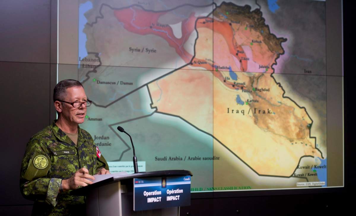 Commander Canadian Joint Operations Command Lieutenant-General Jonathan Vance speaks during a technical briefing Monday January 19, 2015 in Ottawa.