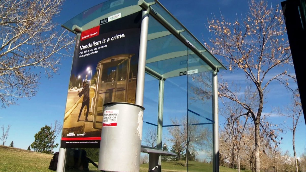 A Calgary Transit bus shelter featuring a poster that prompts people to call 911 if they see someone damaging a shelter. 
