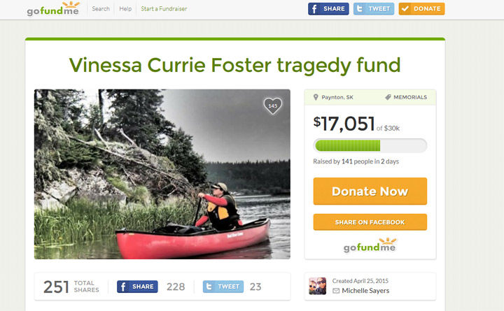 Friends of Vinessa Currie have created a crowdfunding page after the mother of three was killed in a crash on Highway 16 near Fielding, Sask.