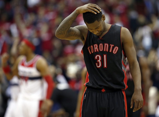 Toronto Raptors forward Terrence Ross (31) reacts during the second half of Game 3 in the first round of the NBA basketball playoffs against the Washington Wizards, Friday, April 24, 2015, in Washington. The Wizards won 106-99. 