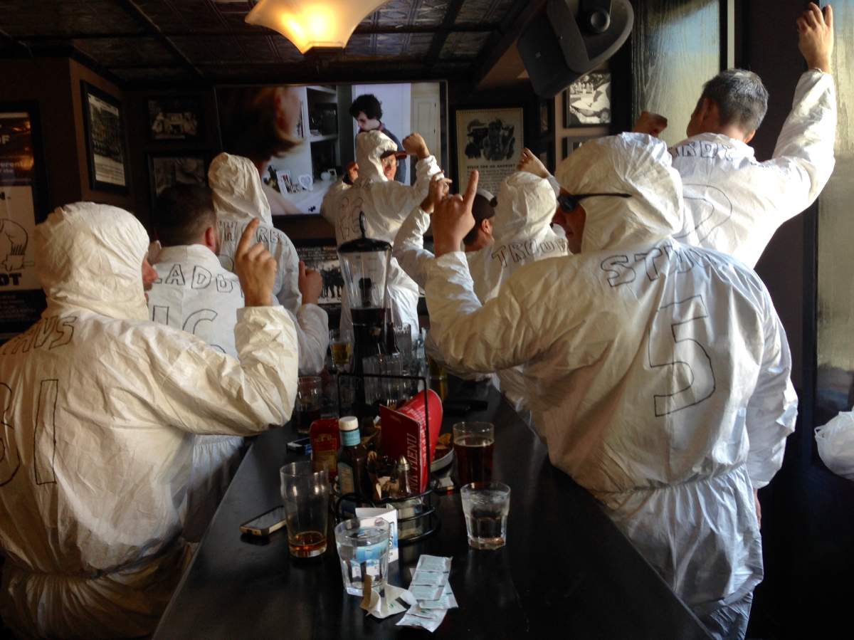 One of many pumped up Winnipeg Whiteout groups watching the Jets game downtown.