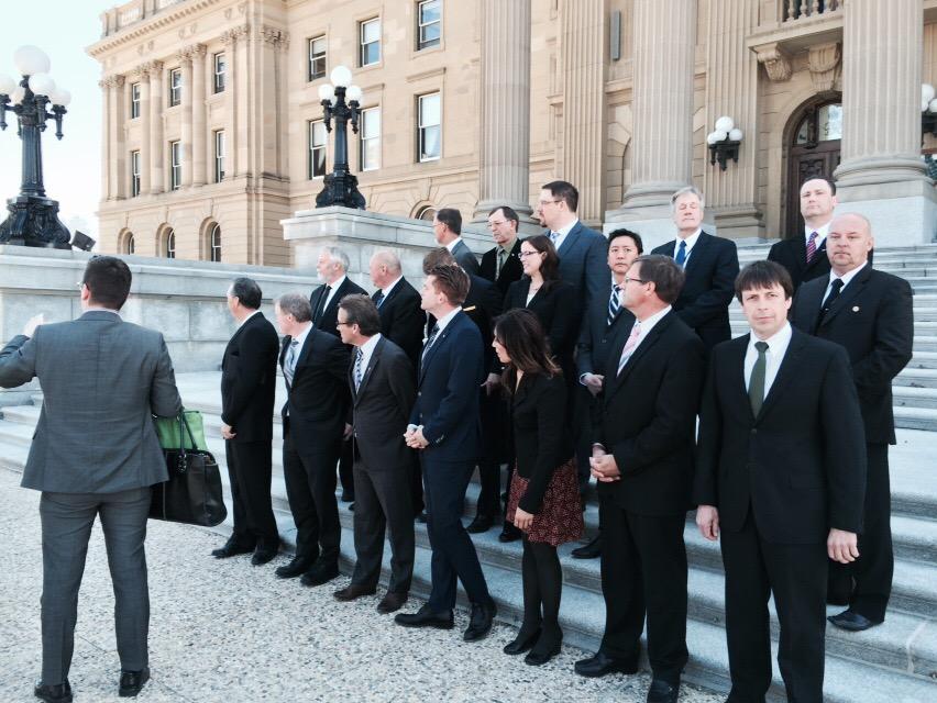 The new Wildrose caucus poses for photos outside the Legislature May 11, 2015 after their first meeting.