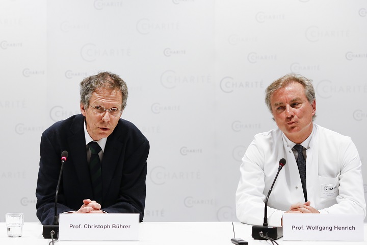 Christoph Buehrer, left, director of neonatology at Charite Hospital and Wolfgang Henrich, director of gynecology at Charite Hospital, brief the media about the situation of 65-year old mother Annegret Raunigk and her quadruplets, in Berlin, Germany, Wednesday, May 27, 2015. The 65-year-old teacher from Berlin has given birth to a girl,Neeta and three boys, Dries, Bence and Fjonn, by cesarean section at the hospital on Tuesday May 19, 2015. (AP Photo/Markus Schreiber).