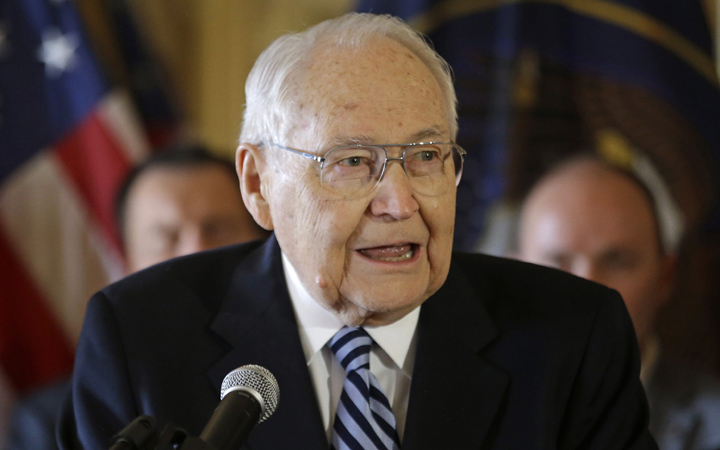 L. Tom Perry, the second-most senior member of the high-level Mormon governing body called the Quorum of the Twelve Apostles, speaks during a news conference at the Utah State Capitol, in Salt Lake City.
