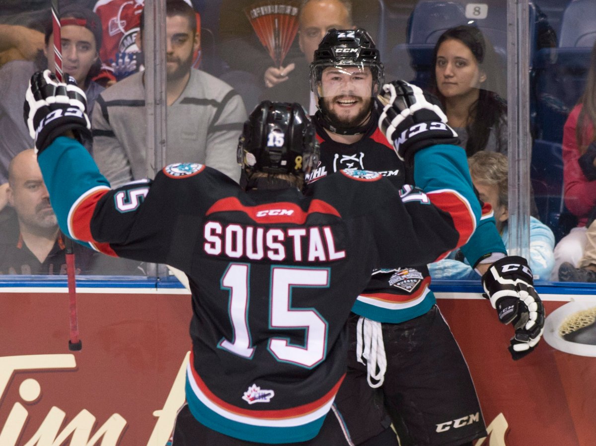 Kelowna Rockets' Chance Braid celebrates scoring against the Quebec Remparts with teammate Tomas Soustal, during first period action Friday, May 29, 2015 at the Memorial Cup in Quebec City. 