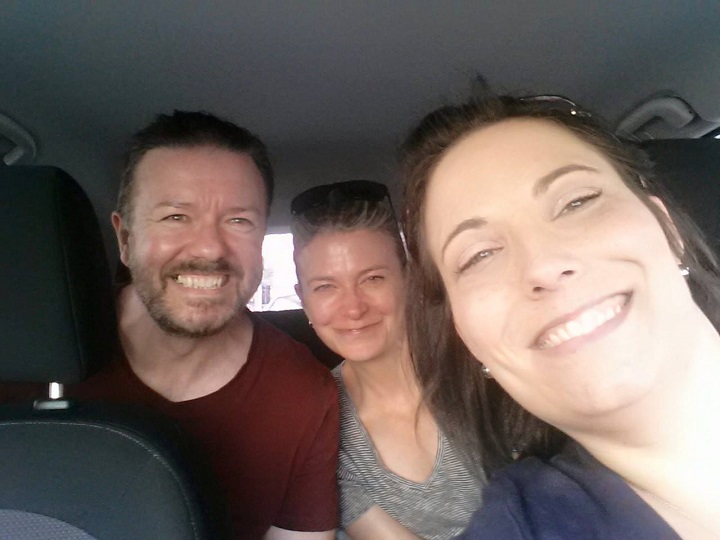 Ricky Gervais (left), Jane Fallon (centre) and Kara Stahl taken on May 2, 2015.