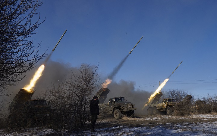 Pro-Russian rebels fire artillery grad rockets towards Debaltseve on February 18, 2015, near Vuglegirsk, Ukraine. Ukrainian troops have been forced to retreat from Debaltseve following continued fighting as rebel fighters advance into the town in spite of the recent ceasefire agreement. (Photo by Pierre Crom/Getty Images).