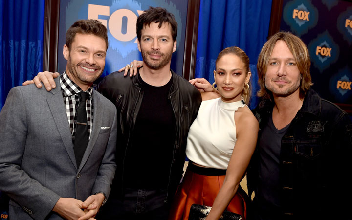Host Ryan Seacrest, left, pictured with judges Harry Connick Jr, Jennifer Lopez and Keith Urban in January 2015.