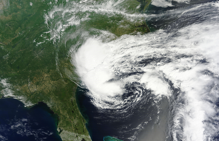 A low pressure system off the coast of the Carolinas on May 7, 2015. It has the potential to become the first tropical storm in the Atlantic in 2015.