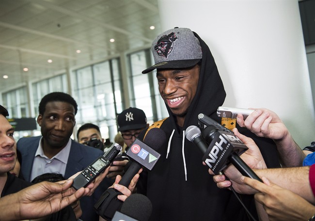 Toronto born NBA rookie of the year Andrew Wiggins is seen at a media event at Toronto Pearson International Airport as he returns to Toronto after his season with the Minnesota Timberwolves on Saturday, May 2, 2015. 