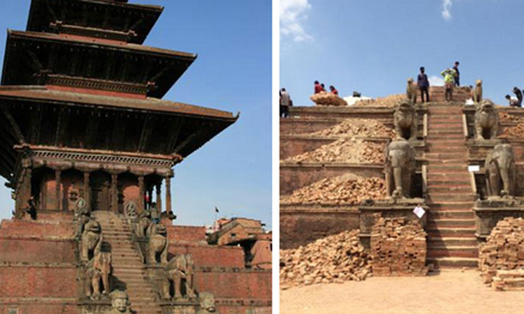 The Nyatapola temple, built in 1701, before and after the earthquake.