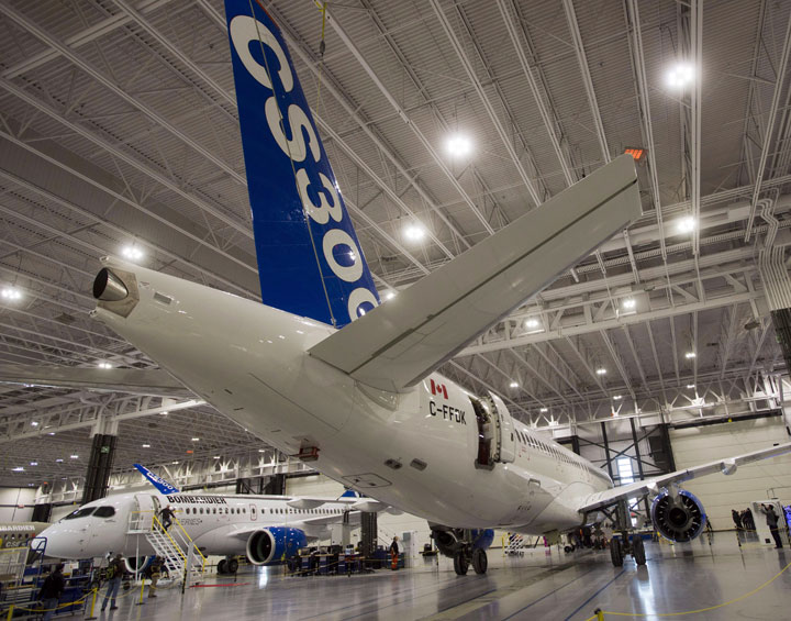 Bombardiers new CS300 sits in the hangar before its maiden test flight in Mirabel, Que. on Friday, February 27, 2015.