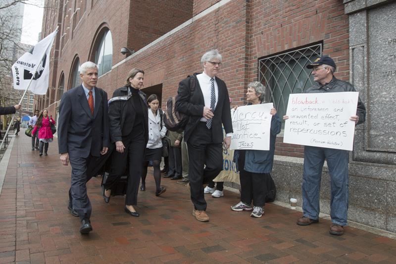 Members of the legal defense team for Boston Marathon bombing suspect Dzhokhar Tsarnaev, including David Bruck, (from left), Judy Clarke and Timothy G. Watkins arrive at at court during the first day of sentencing. 