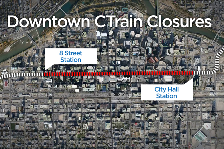 A map showing downtown CTrain closures in Calgary  in place May 15, 2015 - May 19, 2015. 