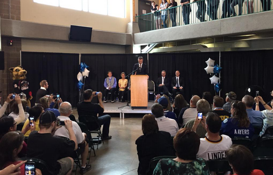 Trevor Linden announces the Canucks will hold their training in Prince George at a press conference on May 20, 2015. 