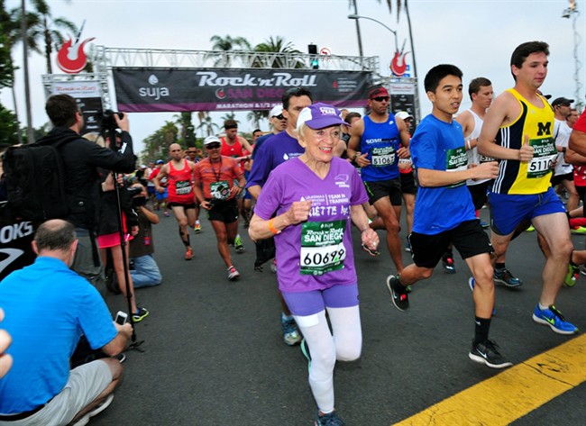 In this June 1, 2014 photo, Harriette Thompson, then 91, starts the 2014 Suja Rock ‘n’ Roll Marathon in San Diego, which she completed. 