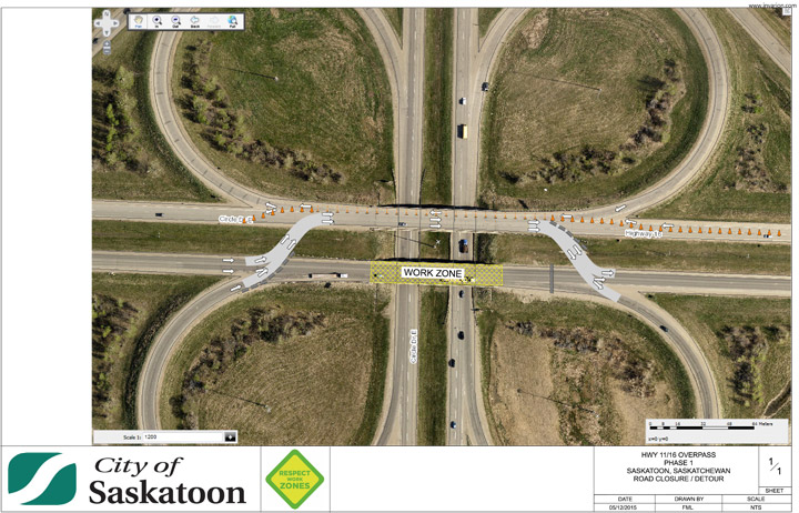 Phase 1 detour at the cloverleaf for highways 11 and 16.
