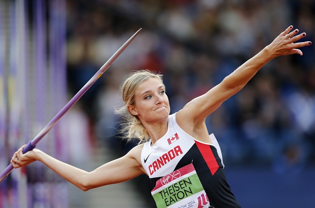 Canada's Brianne Theisen-Eaton throws the javelin during the Heptathlon at Hampden Park Stadium during the Commonwealth Games 2014 in Glasgow, Scotland, Wednesday July 30, 2014.