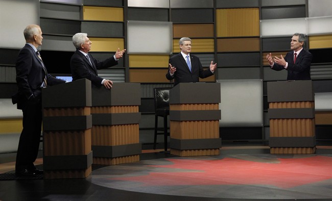 NDP Leader Jack Layton, left to right, Bloc Quebecois Leader Gilles Duceppe, Prime Minister Stephen Harper and Liberal Leader Michael Ignatieff debate during the French language federal election debate in Ottawa on Wednesday, April 13, 2011.