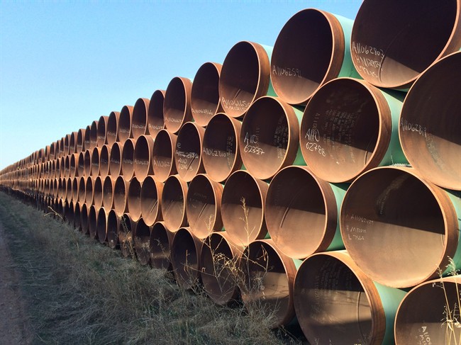 A yard in Gascoyne, ND., which has hundreds of kilometres of pipes stacked inside it that are supposed to go into the Keystone XL pipeline, should it ever be approved are shown shown on Wednesday April 22, 2015. 