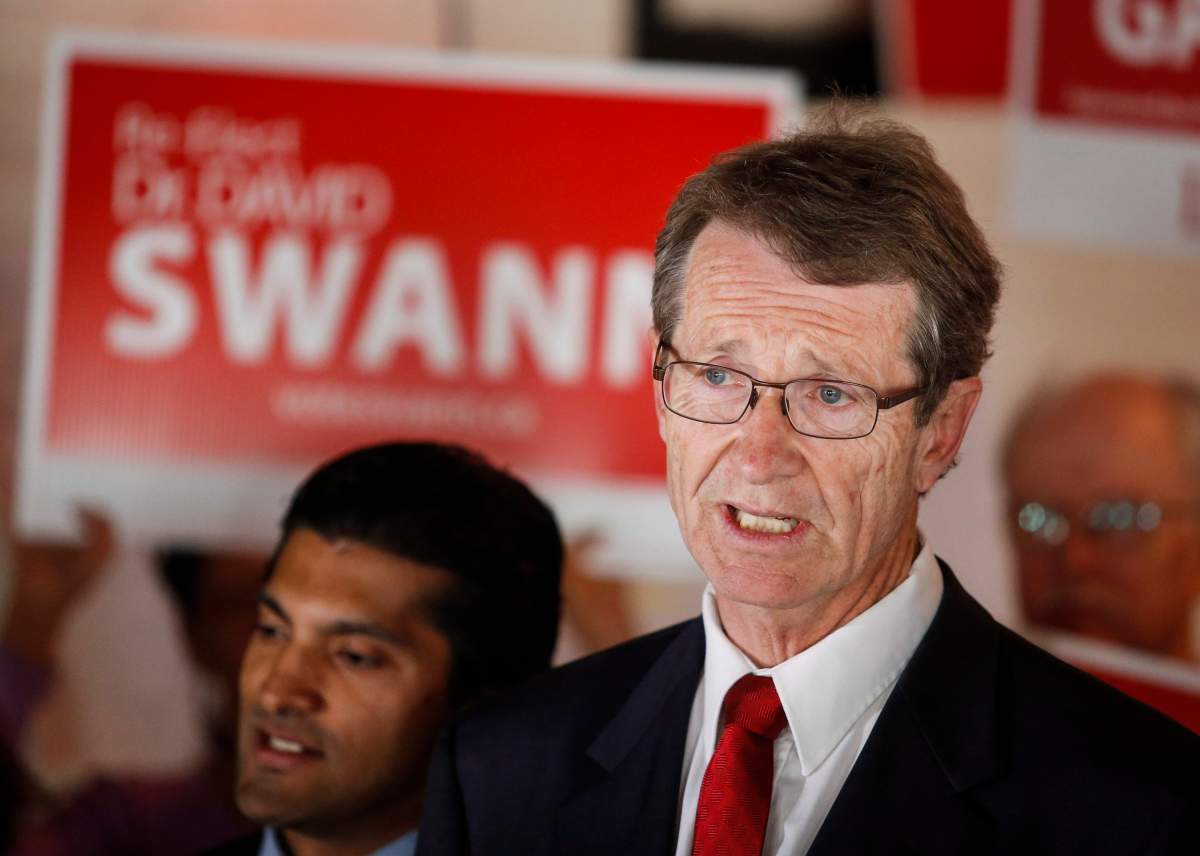 Alberta Liberal Leader David Swann makes a policy announcement in Calgary, Alta., Monday, April 27, 2015.