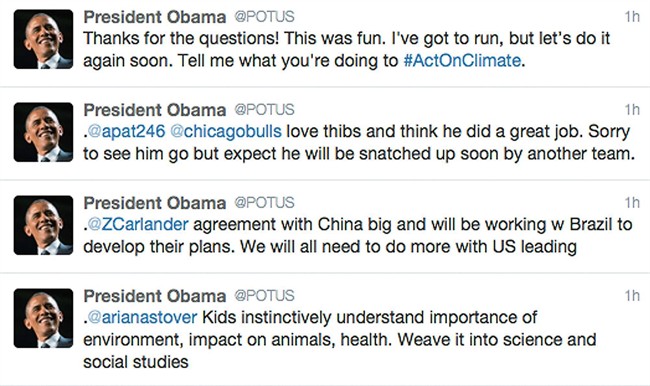 President Barack Obama responds to Twitter users during a question-and-answer session in this May 28, 2015 file photo.